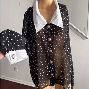 🔵 SOLD - SHEIN Black & White Polka Dot Sheer Button-Up Blouse